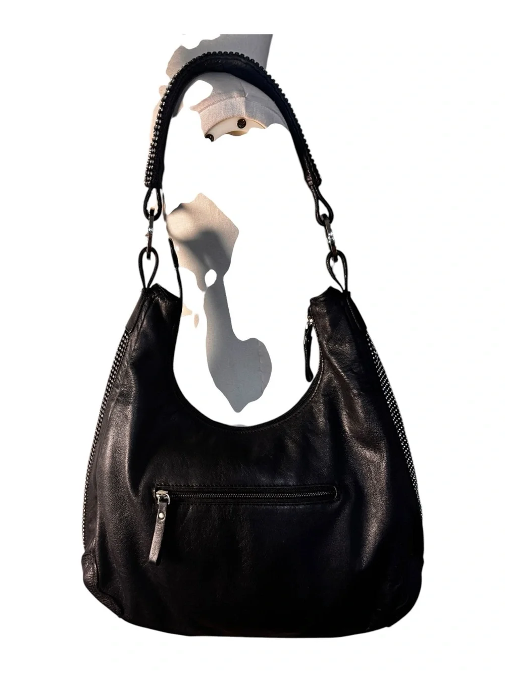 DXtouch Black Leather Hobo Bag Rhinestone Embellished Slouchy Shoulder Purse